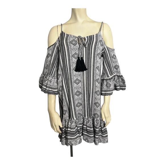 Elan Geo Tassel Cold Shoulder Mini Sundress Black/White Womens L Boho Swim Beach - Picture 1 of 6